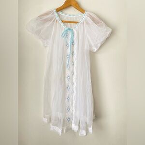 Vintage Nightgown Women’s Small Sheer White Blue Details Miss Elaine Union Made